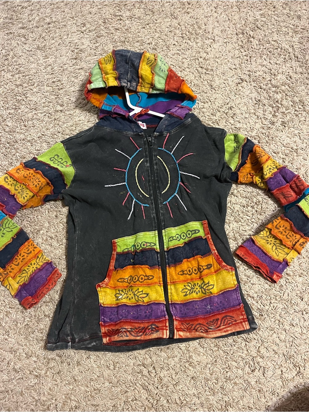 Boho Sun Embroidered Hooded Jacket in Black with Multicolor Accents